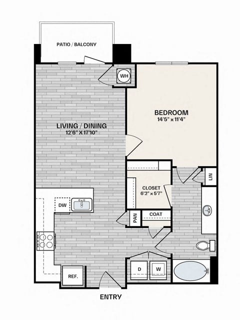 Floor plan for 1 bed, 1 bath, 756 sqft